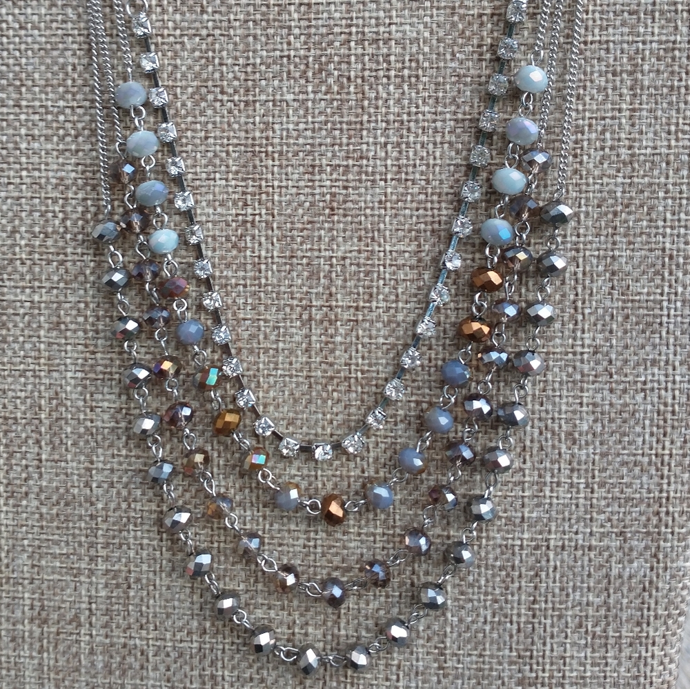 Ali-Khan necklace multi stand rhinestone ab beads silver tone - Picture 2 of 7